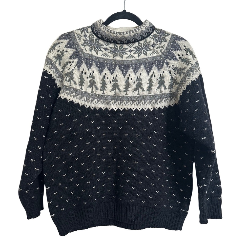 Vintage 90s Eddie Bauer Wool Fair Isle Nordic Tree Sweater Small Black Cream